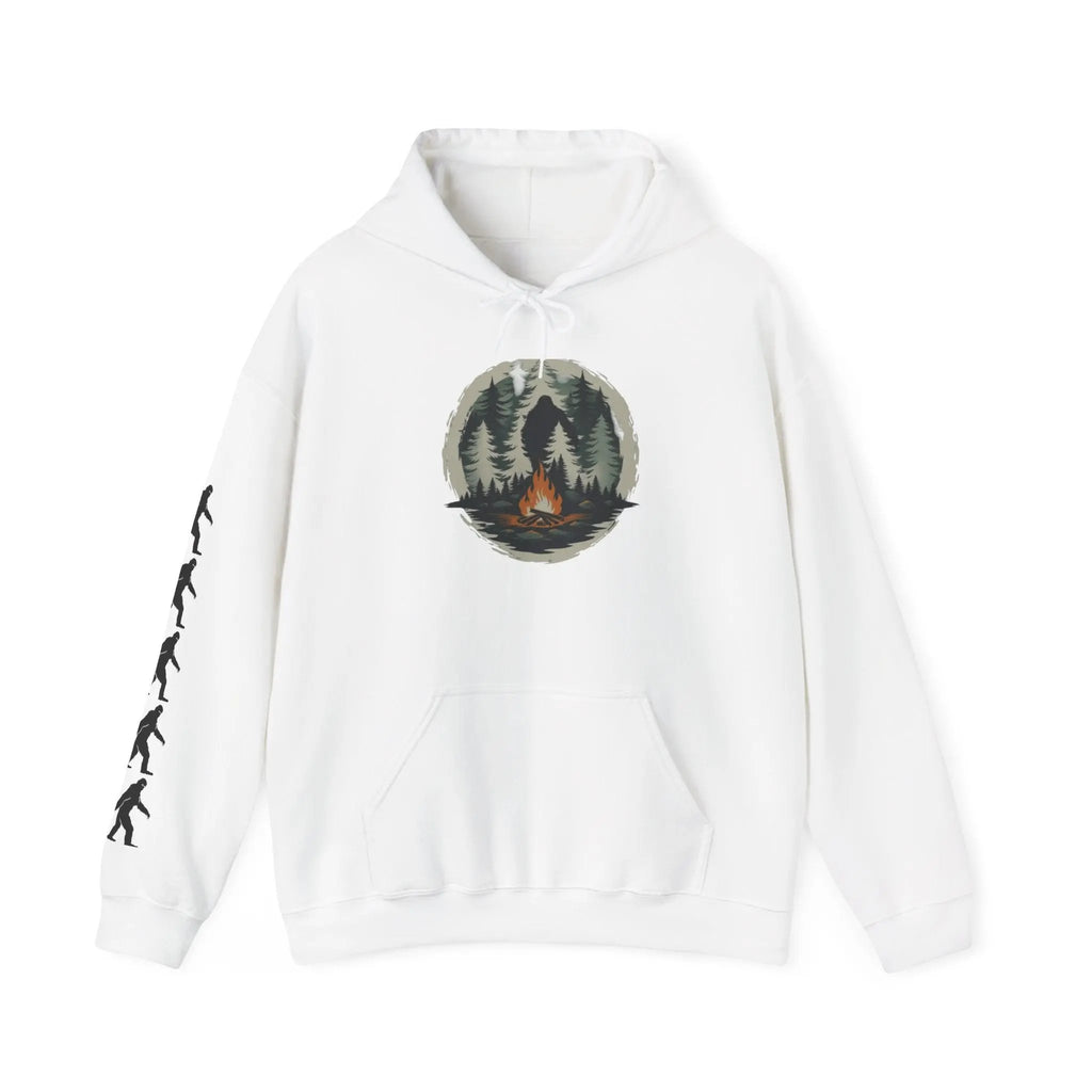 White hoodie with nature-themed graphic and black bigfoot silhouettes on the right sleeve on a white background