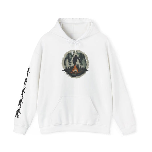 White hoodie with nature-themed graphic and black bigfoot silhouettes on the right sleeve on a white background