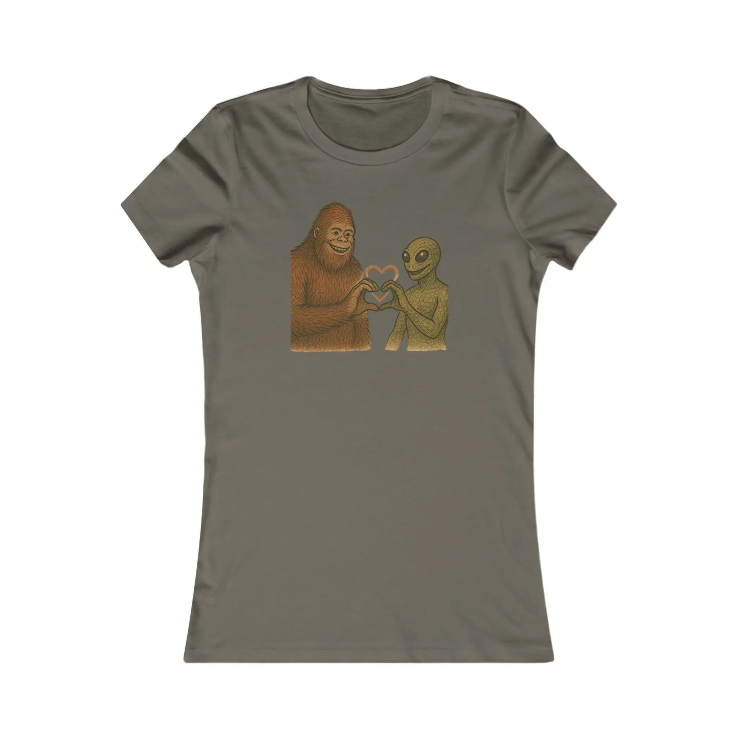 Gray t-shirt with a graphic of a bigfoot and an alien holding hands making a heart symbol on a white background