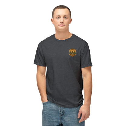 Adventure Patch T-Shirt — Vintage Mountain Forest Logo Tee | Outdoors Lifestyle Shirt