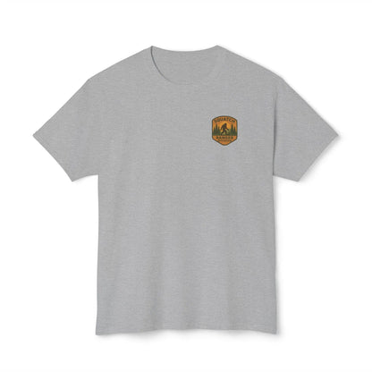 Adventure Patch T-Shirt — Vintage Mountain Forest Logo Tee | Outdoors Lifestyle Shirt
