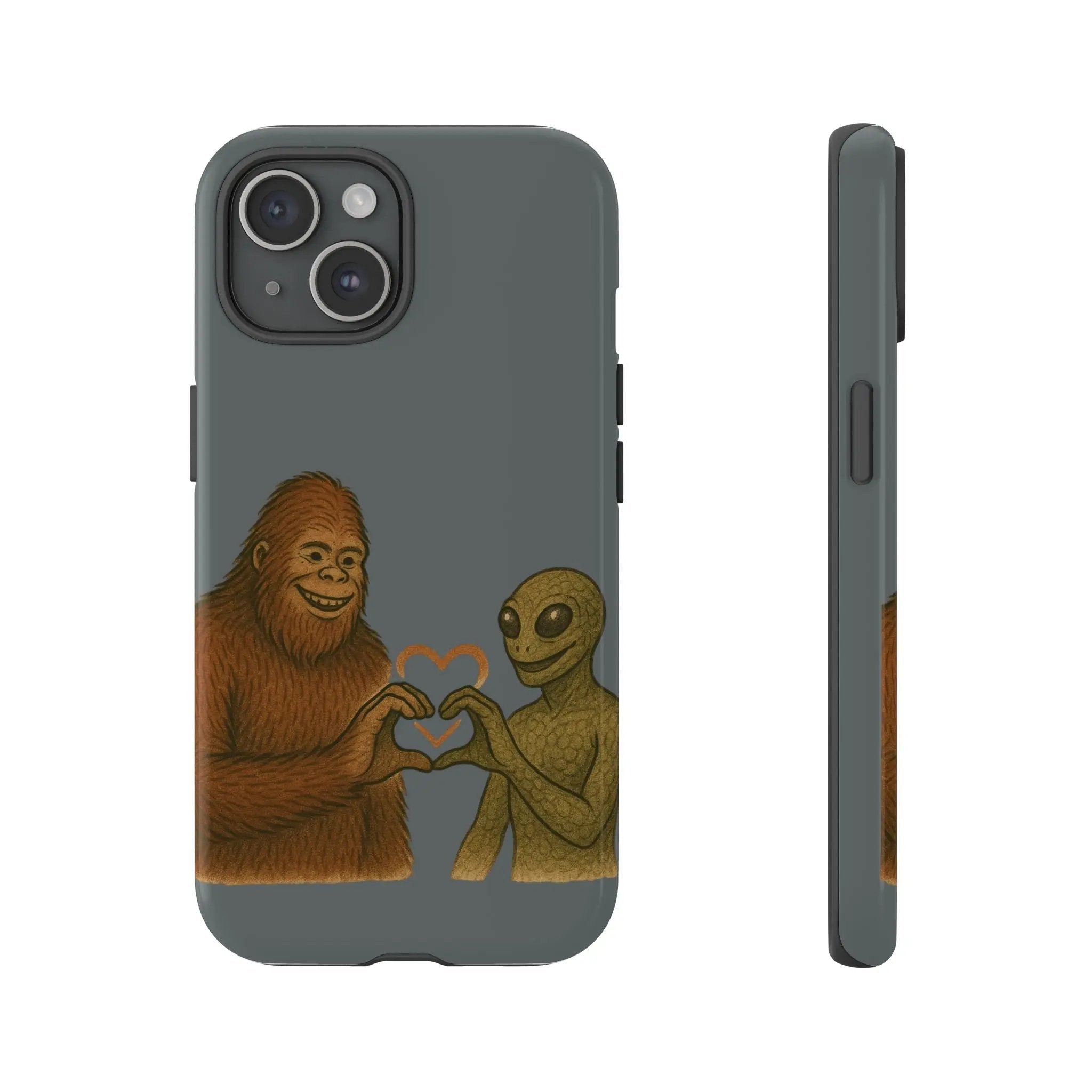 Bigfoot & Lizard Person Hand Heart Phone Case – Fun & Unique Cryptid Design, Perfect Gift for Adults Printify