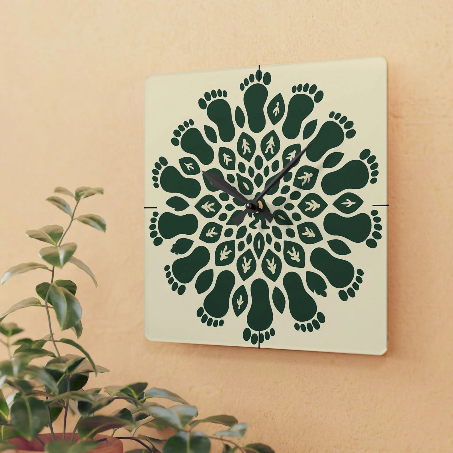 Bigfoot Mandala Acrylic Wall Clock — Repeating Sasquatch Footprint Design Printify