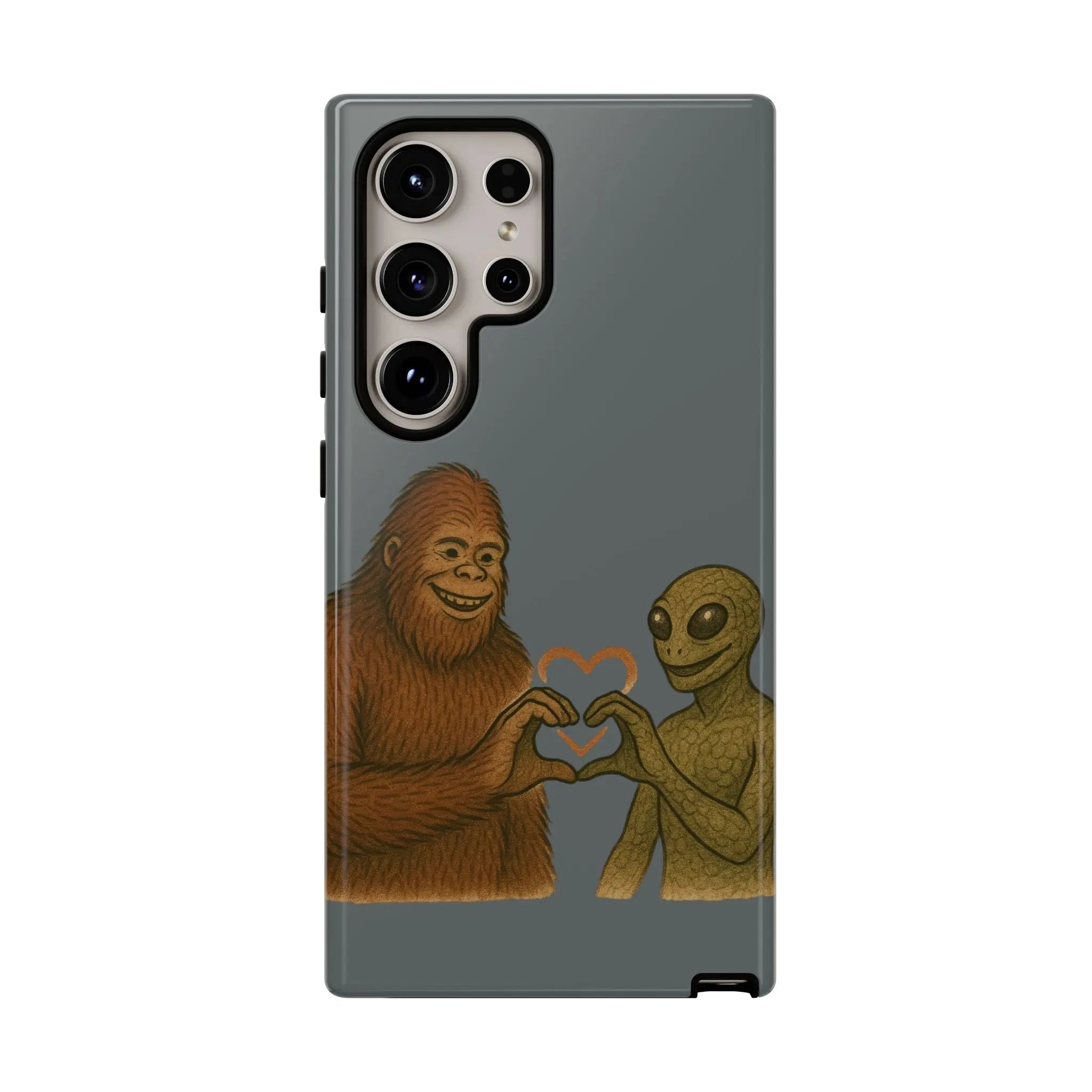 Bigfoot & Lizard Person Hand Heart Phone Case – Fun & Unique Cryptid Design, Perfect Gift for Adults Printify