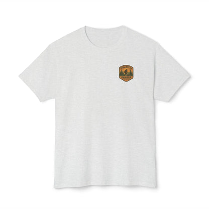 Adventure Patch T-Shirt — Vintage Mountain Forest Logo Tee | Outdoors Lifestyle Shirt