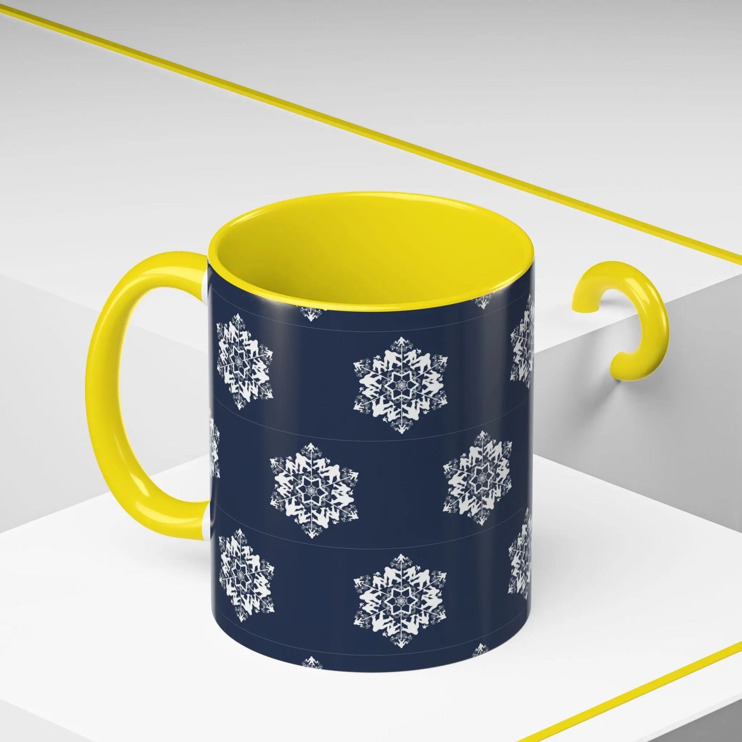 Bigfoot Snowflake Accent Coffee Mug – Navy Holiday Ceramic Cup (11oz/15oz) Printify