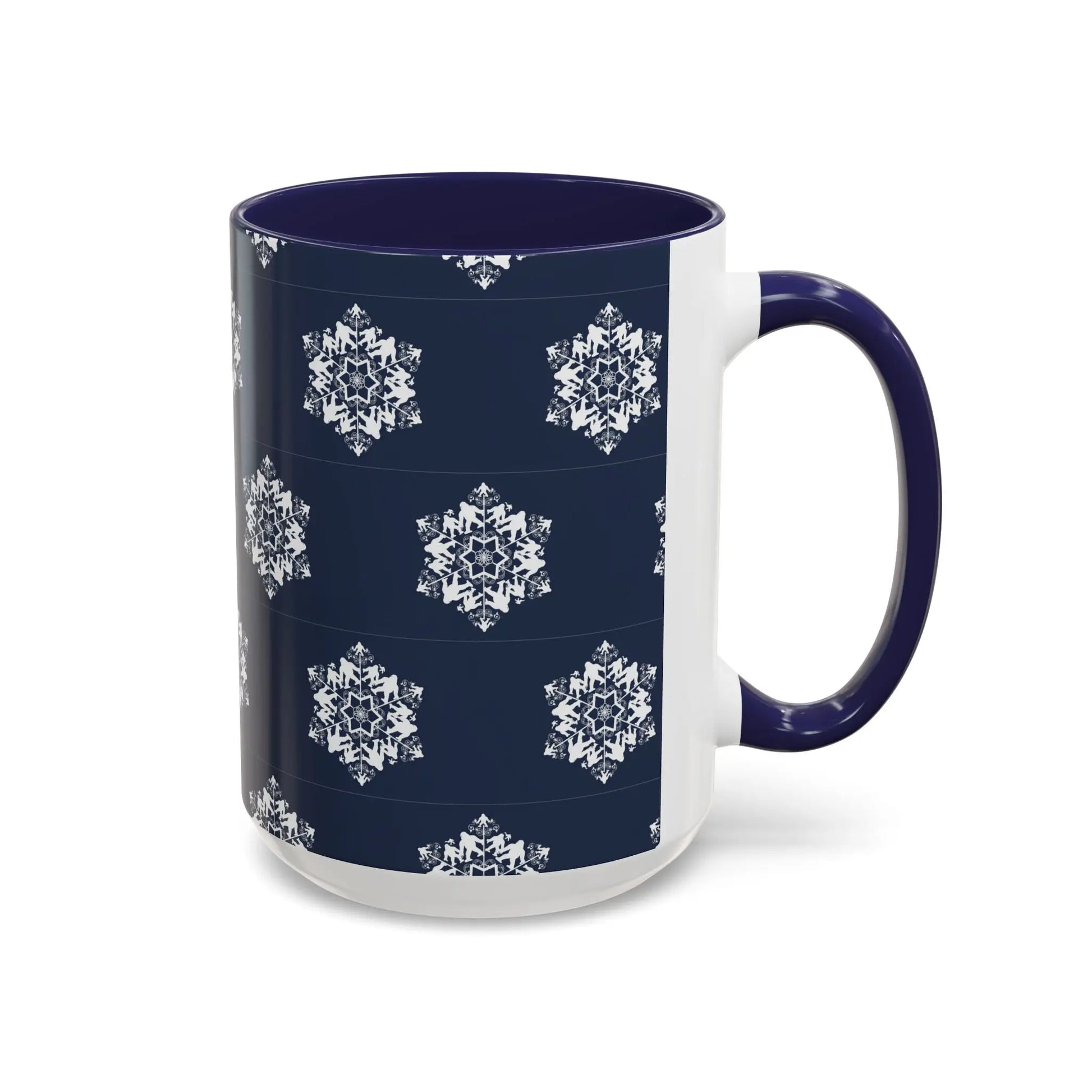 Bigfoot Snowflake Accent Coffee Mug – Navy Holiday Ceramic Cup (11oz/15oz) Printify