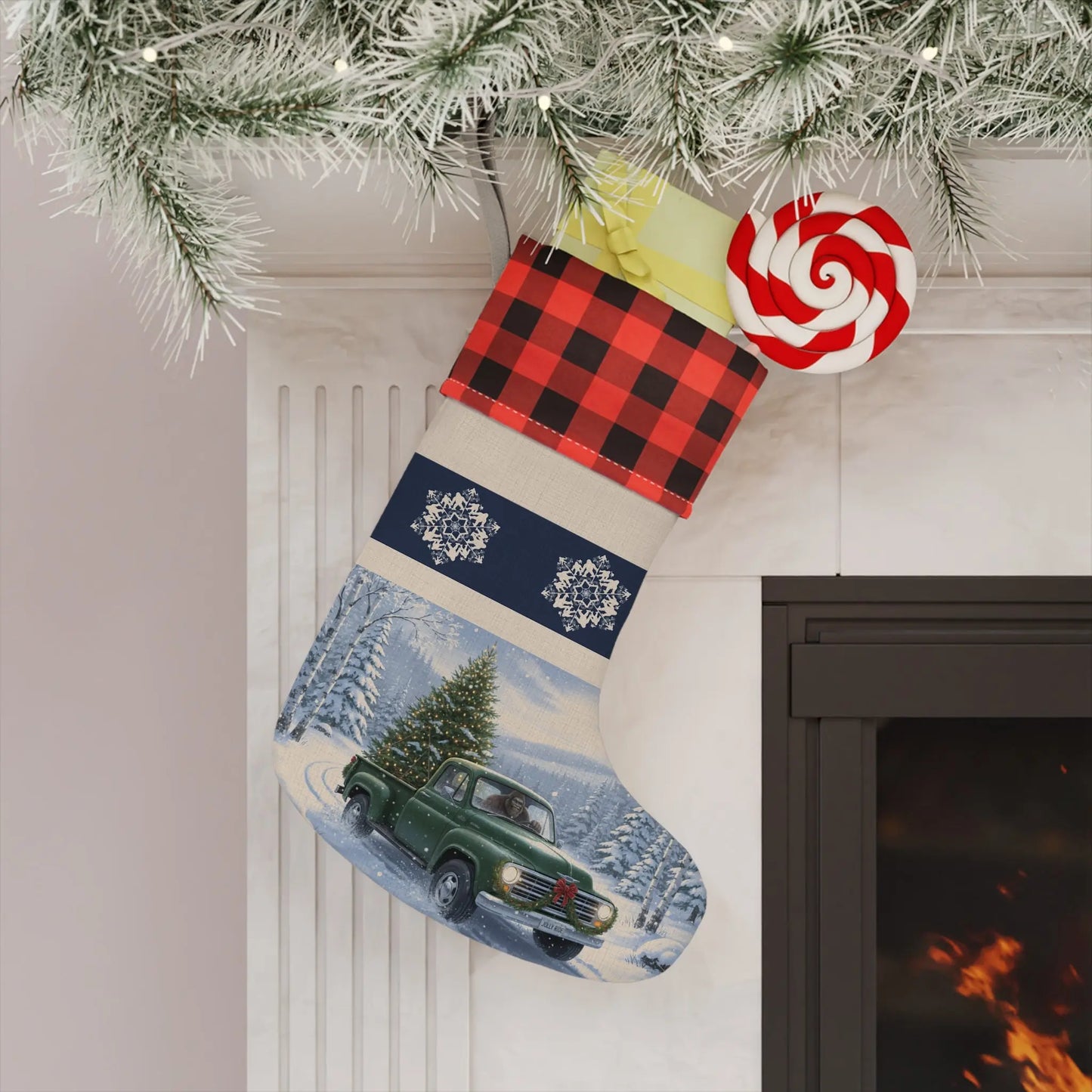 Bigfoot Christmas Stocking – Vintage Truck with Tree & Snowflake Design - Squatch Wear