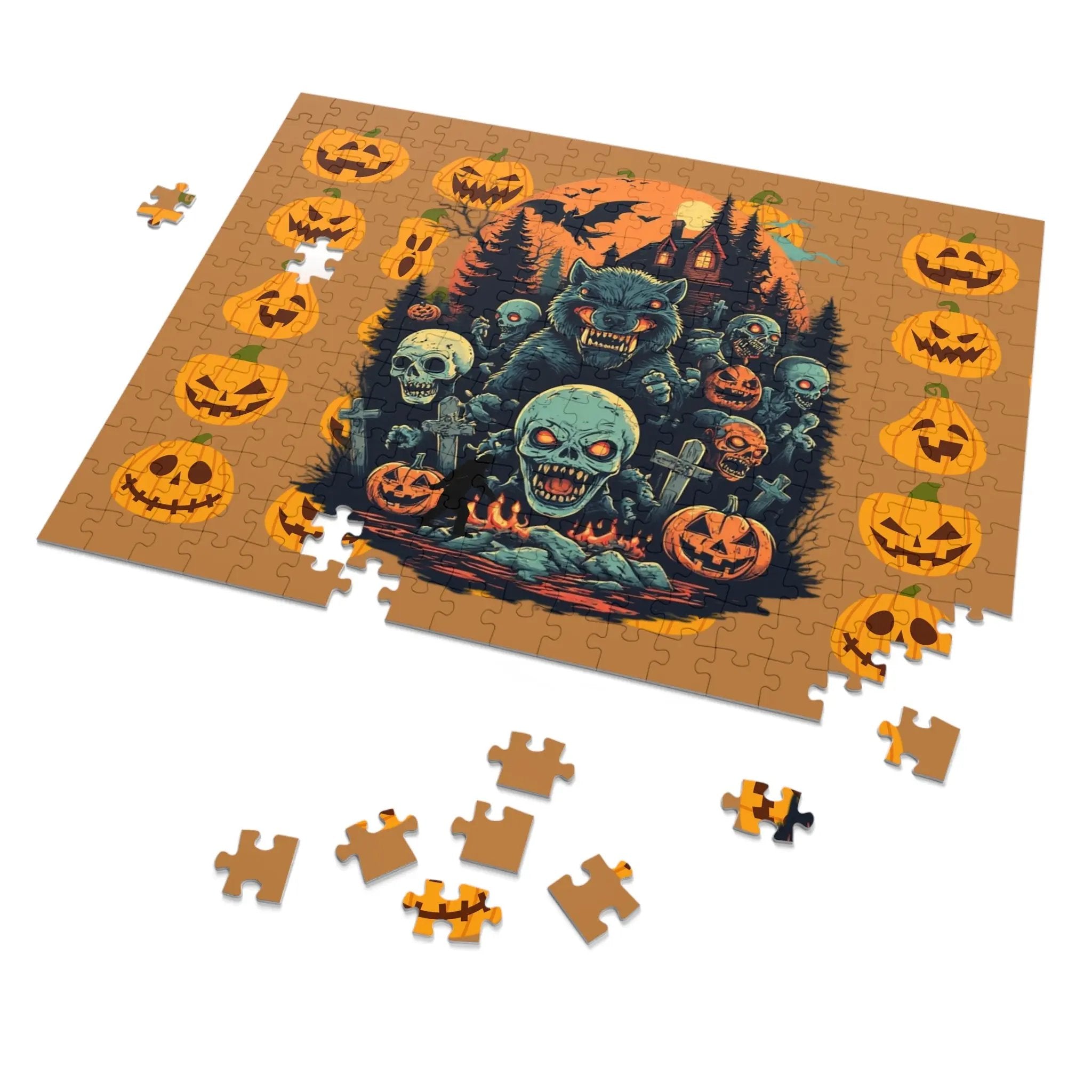 Halloween-themed illustration with a wolf, ghosts, and pumpkins on a brownish orange background with pieces missing on a white background
