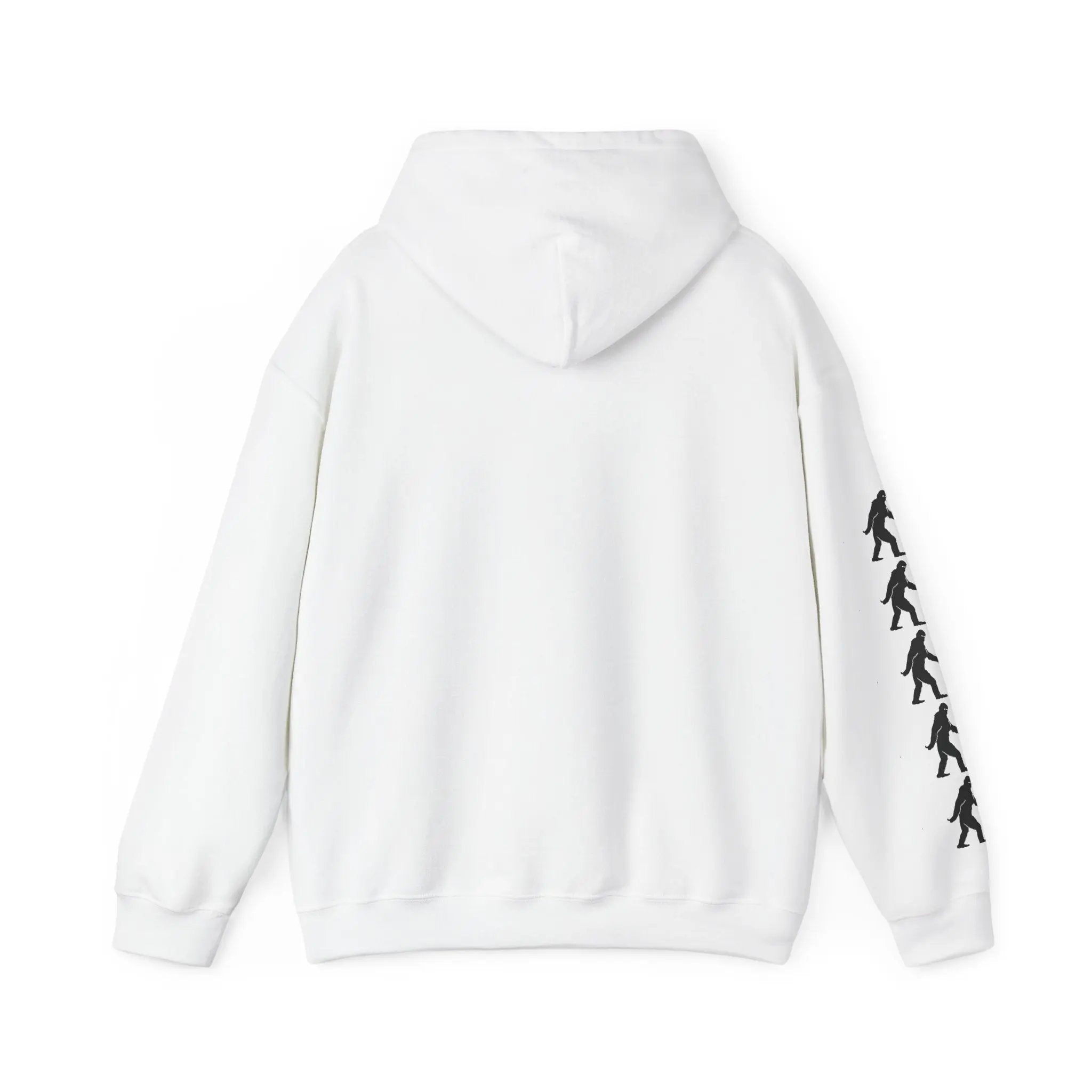 White hoodie back with black bigfoot silhouette designs on right sleeve against a white background