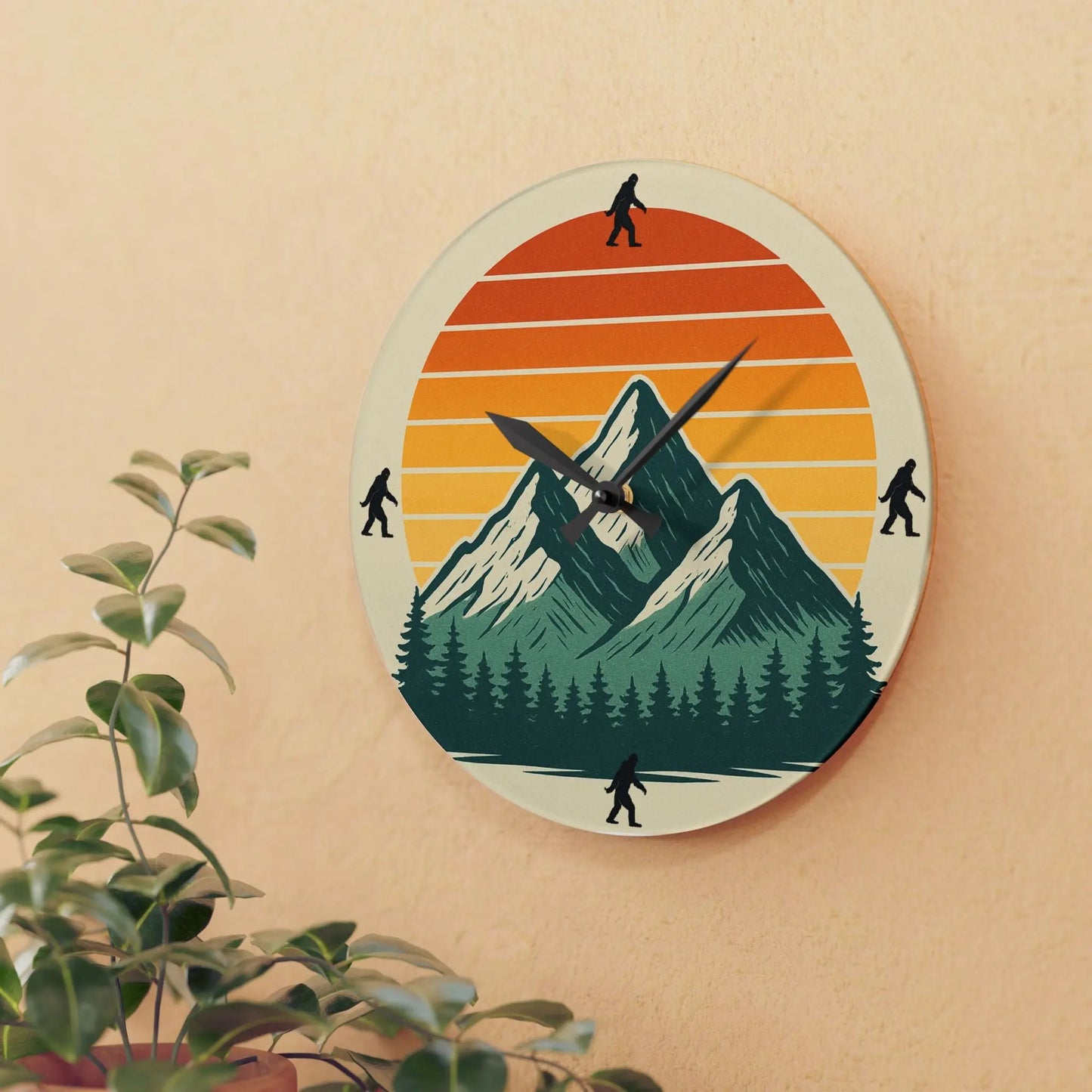 Bigfoot 70s Sunset Acrylic Wall Clock — Retro Striped Gradient Printify