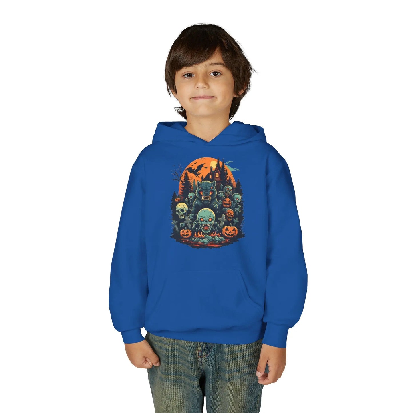 Child wearing a blue hoodie with a colorful Halloween graphic design of werewolves, zombies, and other cryptids on a white background