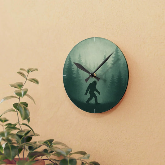 Bigfoot Forest Acrylic Wall Clock — Rustic Sasquatch Silhouette Timepiece Printify