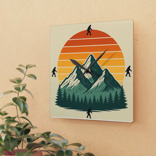 Bigfoot 70s Sunset Acrylic Wall Clock — Retro Striped Gradient Printify