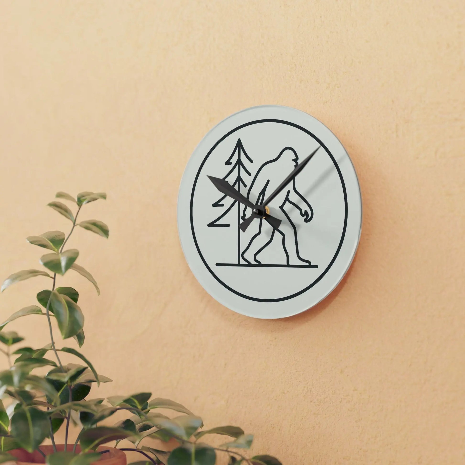 Bigfoot Pine Tree Acrylic Wall Clock — Minimal Single-Line Black & White Printify