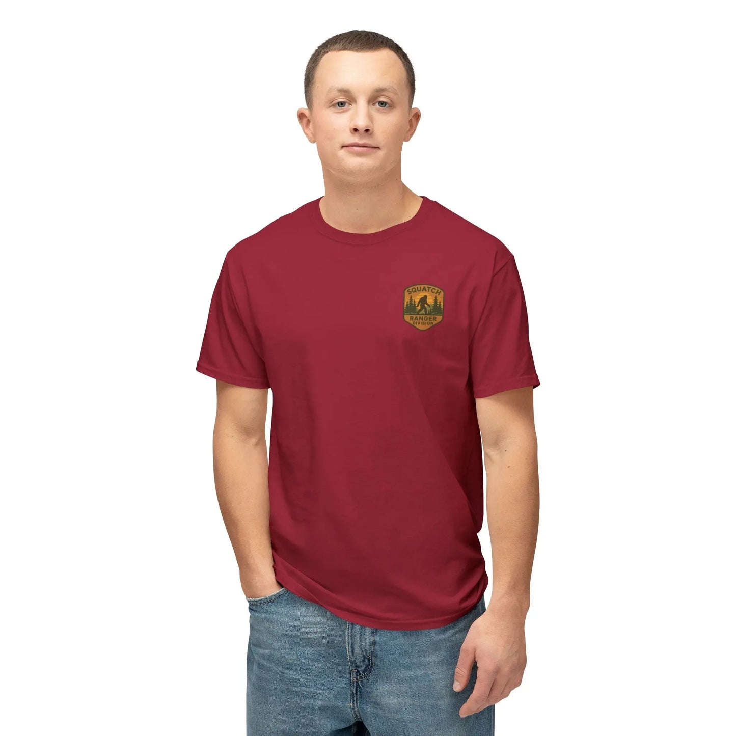 Adventure Patch T-Shirt — Vintage Mountain Forest Logo Tee | Outdoors Lifestyle Shirt