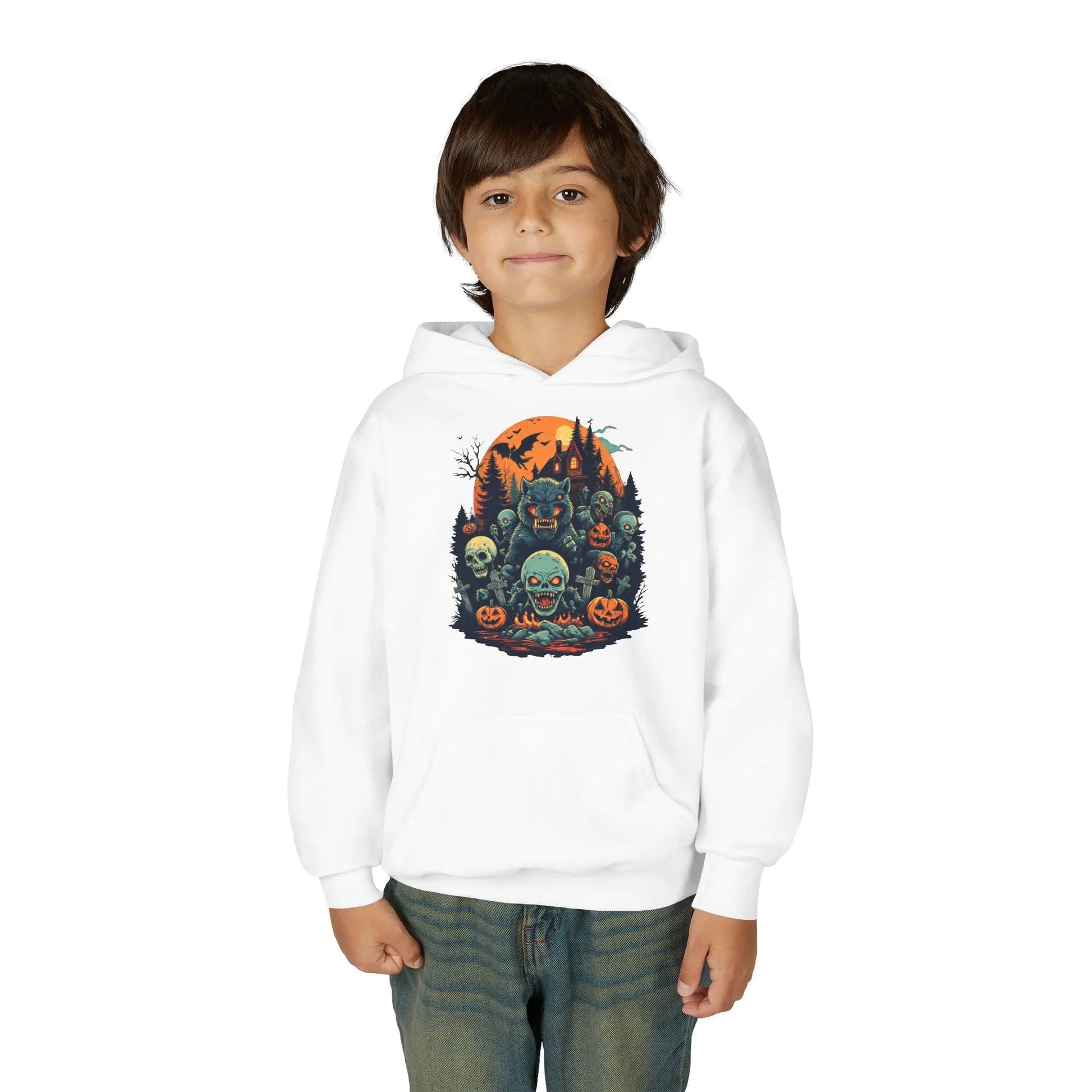 Child wearing a white hoodie with a colorful Halloween graphic design of werewolves, zombies, and other cryptids on a white background