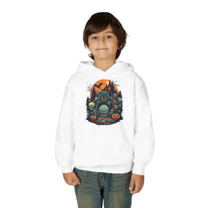 Child wearing a white hoodie with a colorful Halloween graphic design of werewolves, zombies, and other cryptids on a white background