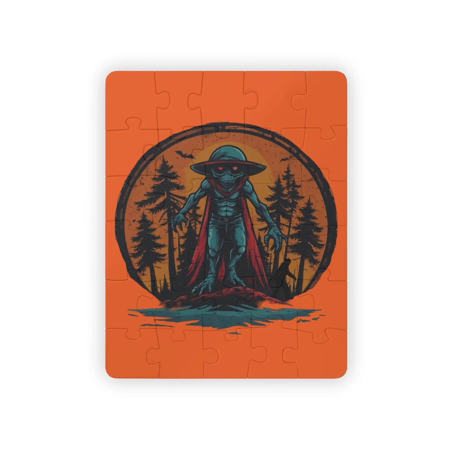 Jigsaw puzzle with an alien in a cloak design on an orange background