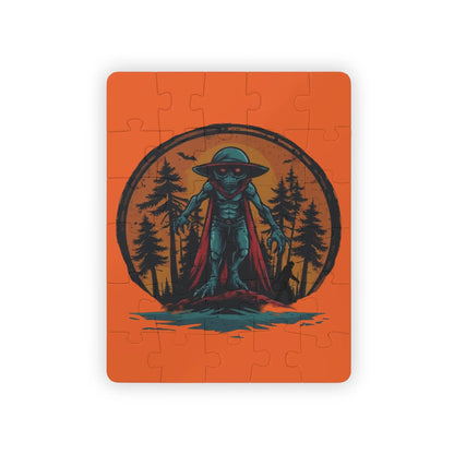 Jigsaw puzzle with an alien in a cloak design on an orange background