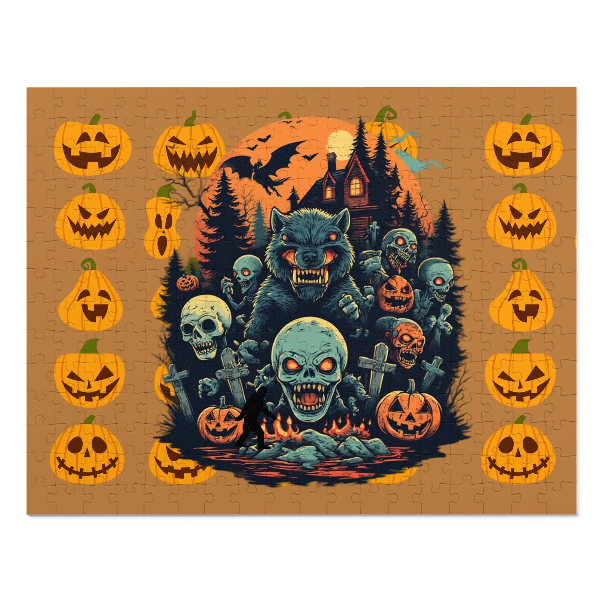 Halloween-themed illustration with a wolf, ghosts, and pumpkins on a brownish orange background.