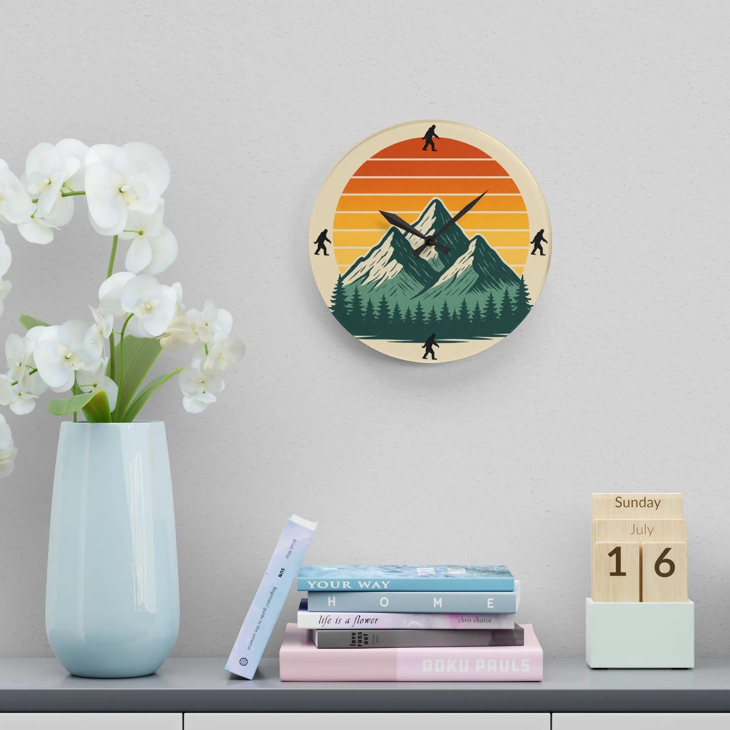 Bigfoot 70s Sunset Acrylic Wall Clock — Retro Striped Gradient Printify