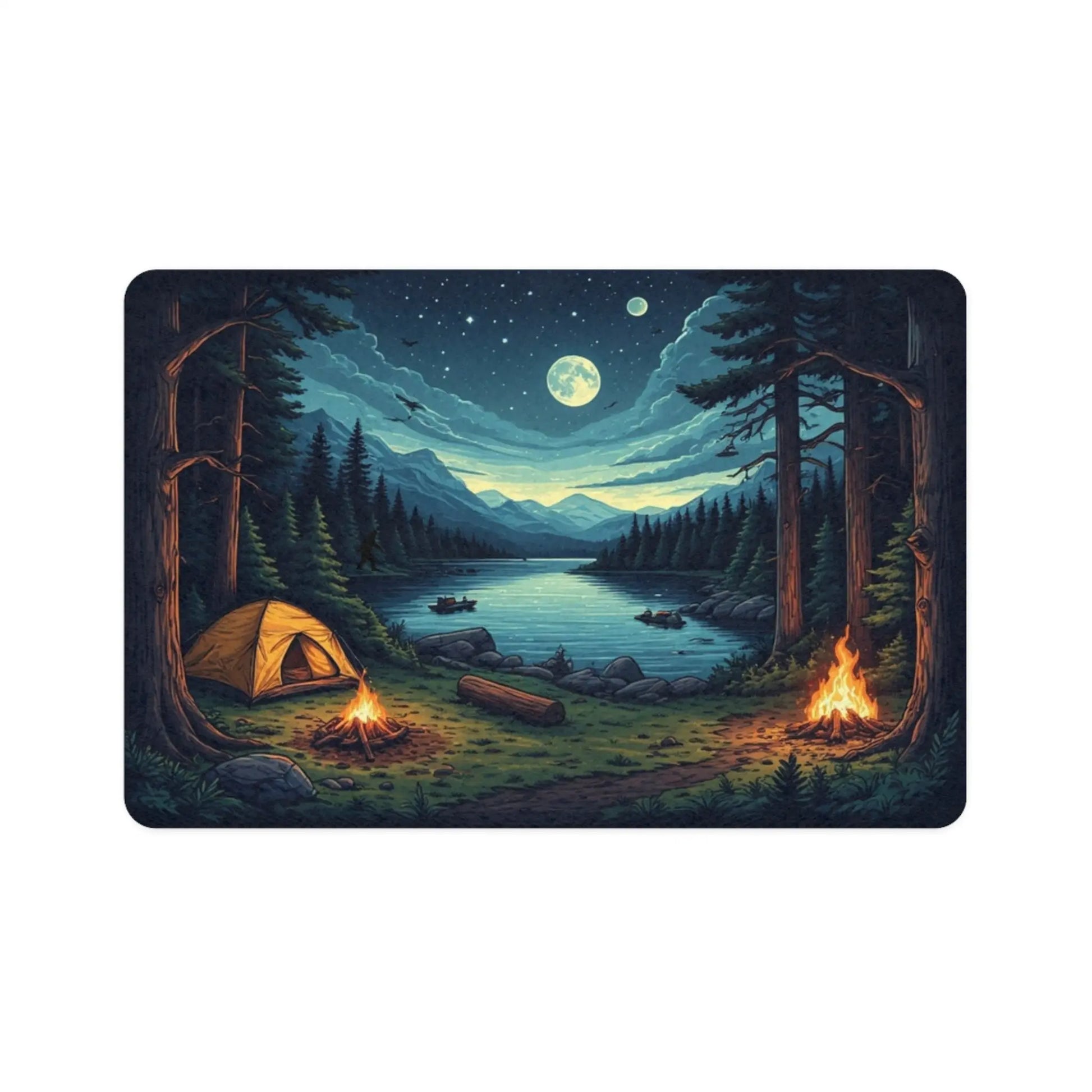 Pet Food Mat - Moonlit Lakeside Camping Scene (12x18) Printify