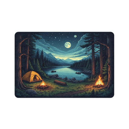 Pet Food Mat - Moonlit Lakeside Camping Scene (12x18) Printify