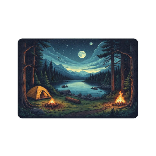 Pet Food Mat - Moonlit Lakeside Camping Scene (12x18) Printify