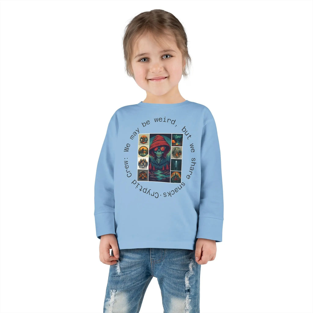 Child wearing a light blue sweatshirt with a graphic collage design on a white background