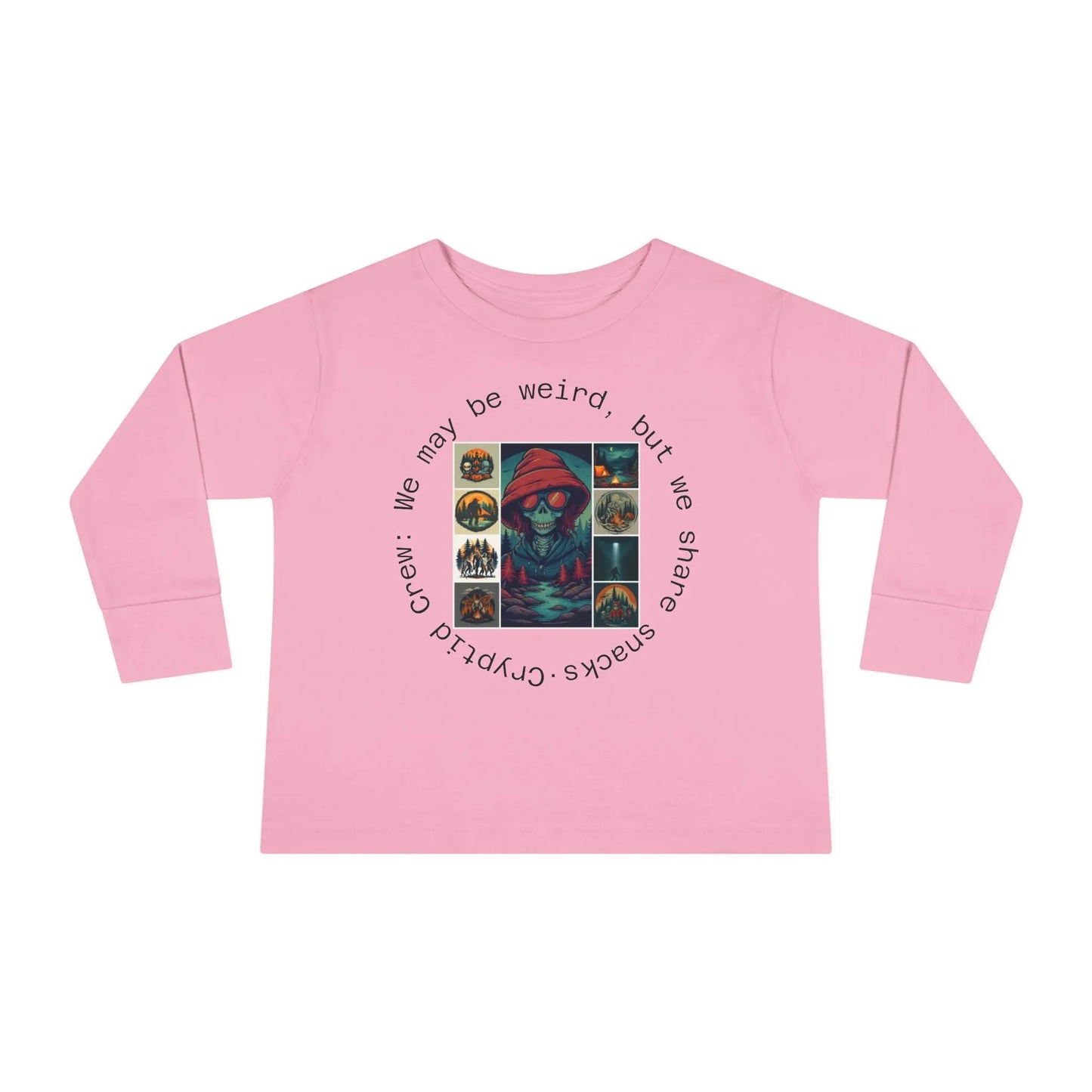 Toddler Pink long-sleeve shirt with graphic collage design and text on a white background