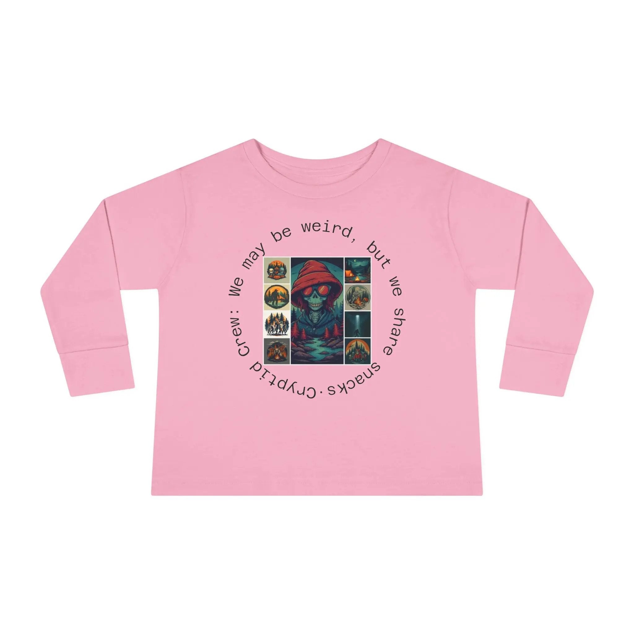 Toddler Pink long-sleeve shirt with graphic collage design and text on a white background