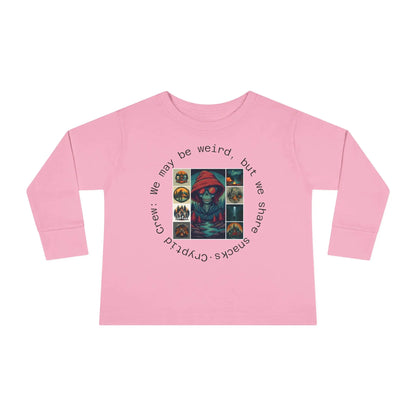 Toddler Pink long-sleeve shirt with graphic collage design and text on a white background