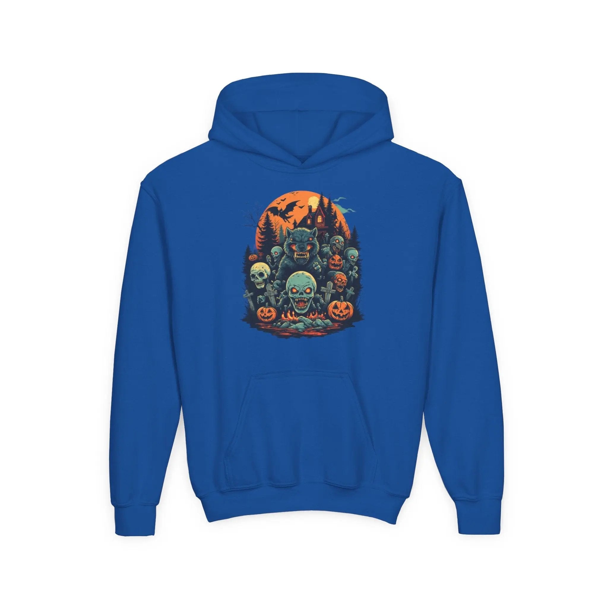 Blue hoodie with a colorful Halloween graphic design of werewolves, zombies, and other cryptids on a white background