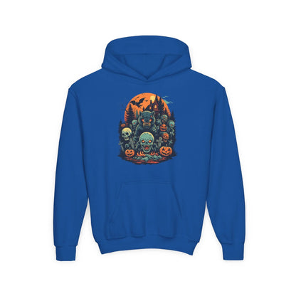Blue hoodie with a colorful Halloween graphic design of werewolves, zombies, and other cryptids on a white background