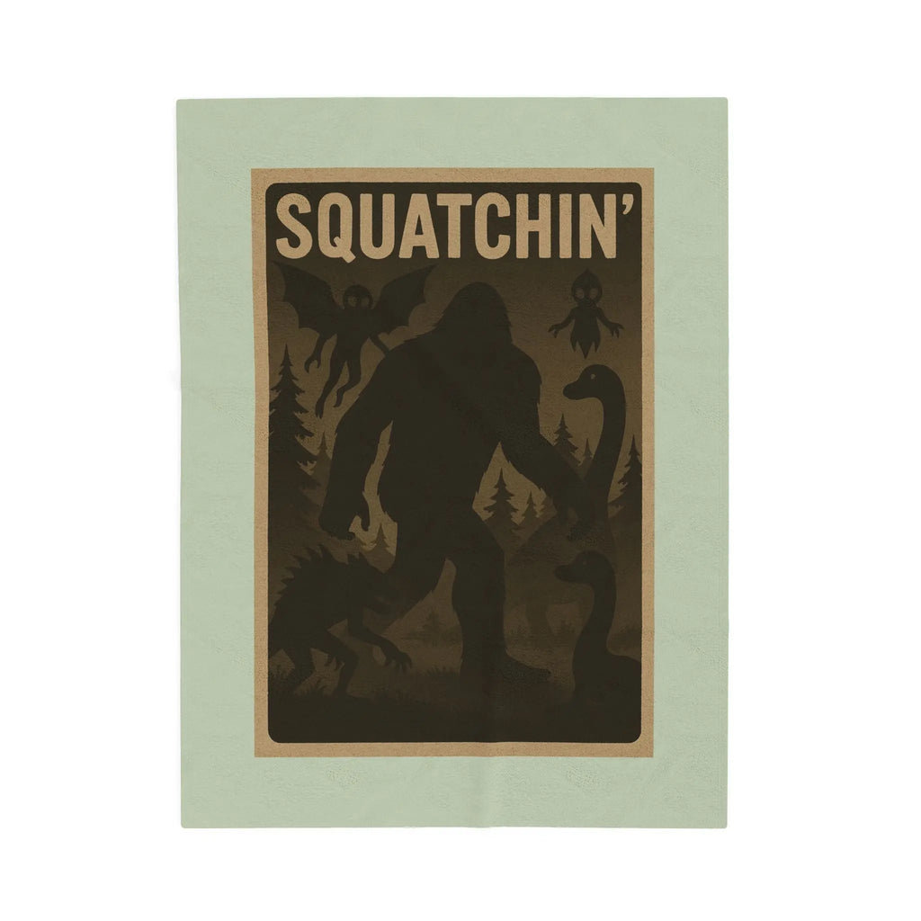 Light green fleece blanket with 'Squatchin' text across the top with silhouettes of bigfoot, loch Ness, werewolf, mothman, and an alien.