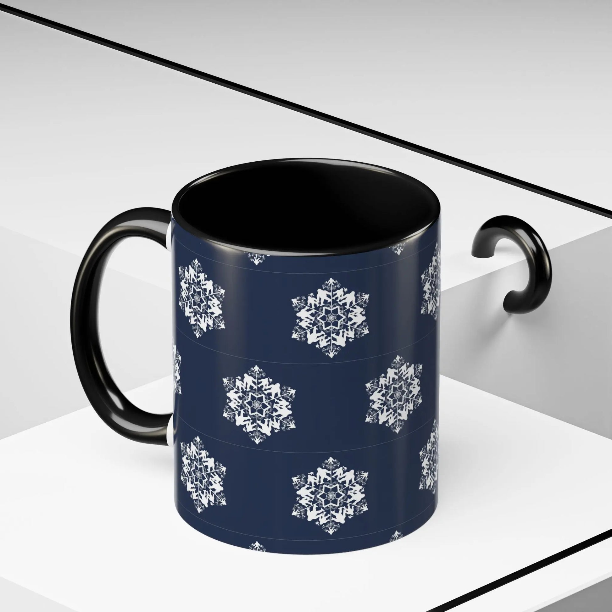 Bigfoot Snowflake Accent Coffee Mug – Navy Holiday Ceramic Cup (11oz/15oz) Printify