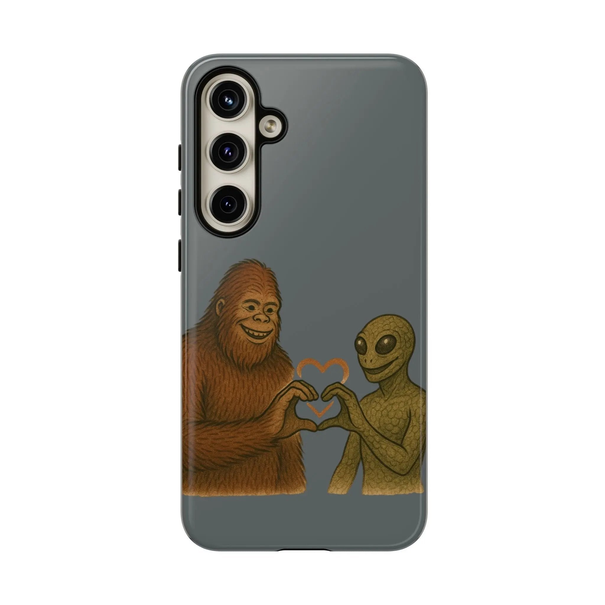 Bigfoot & Lizard Person Hand Heart Phone Case – Fun & Unique Cryptid Design, Perfect Gift for Adults Printify
