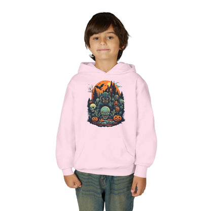 Child wearing a pink hoodie with a colorful Halloween graphic design of werewolves, zombies, and other cryptids on a white background