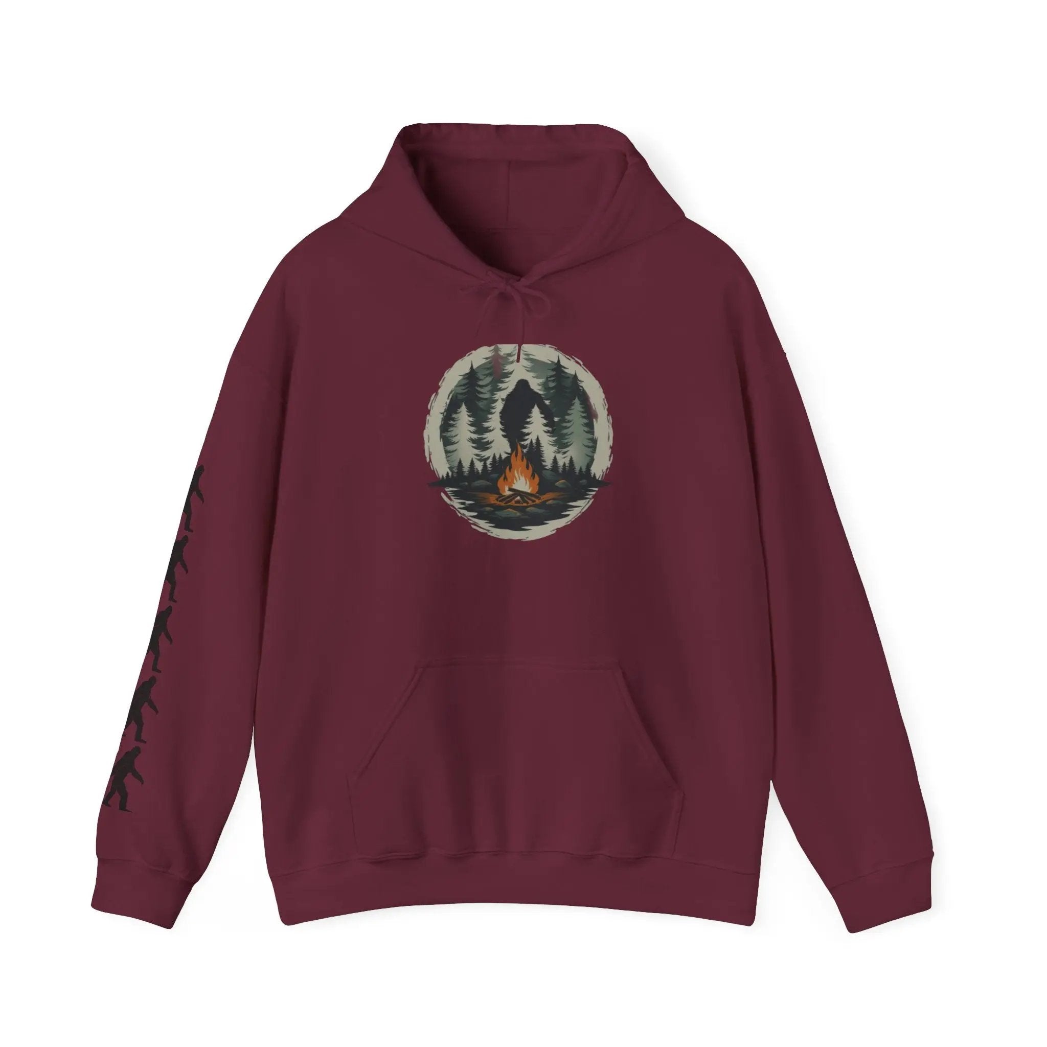 Maroon hoodie with a nature-themed graphic and black bigfoot silhouettes on the right sleeve on a white background on a white background