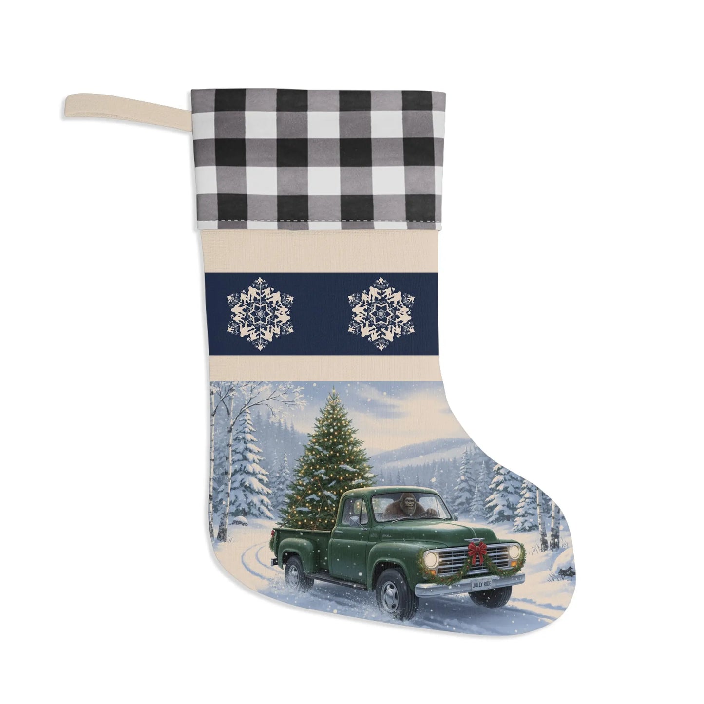 Bigfoot Christmas Stocking – Vintage Truck with Tree & Snowflake Design - Squatch Wear