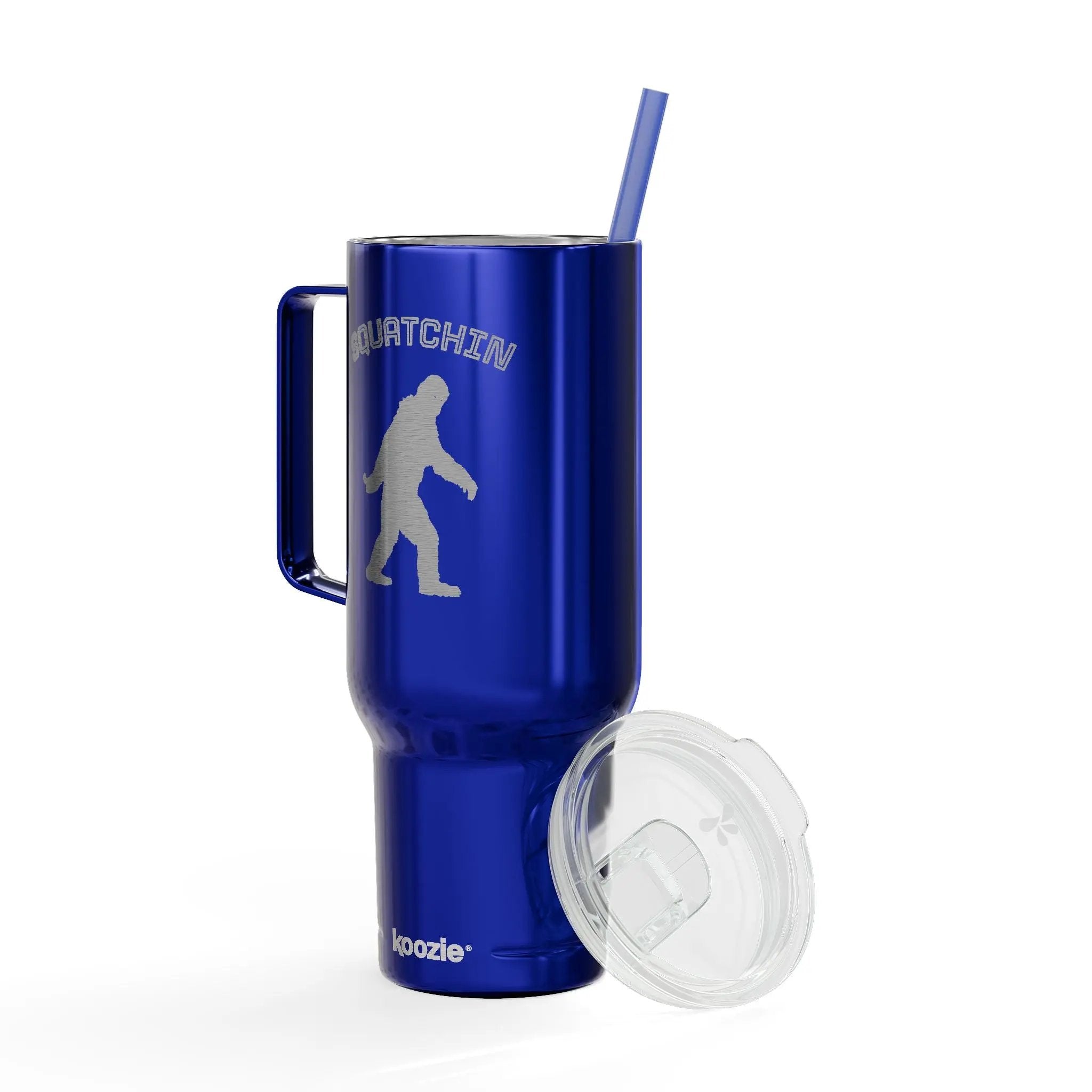Blue tumbler with handle, straw, and lid on a white background