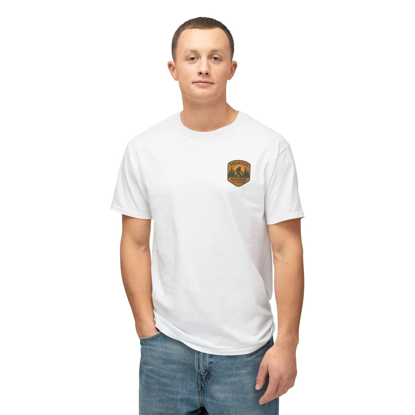 Adventure Patch T-Shirt — Vintage Mountain Forest Logo Tee | Outdoors Lifestyle Shirt