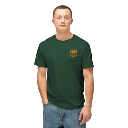 Adventure Patch T-Shirt — Vintage Mountain Forest Logo Tee | Outdoors Lifestyle Shirt