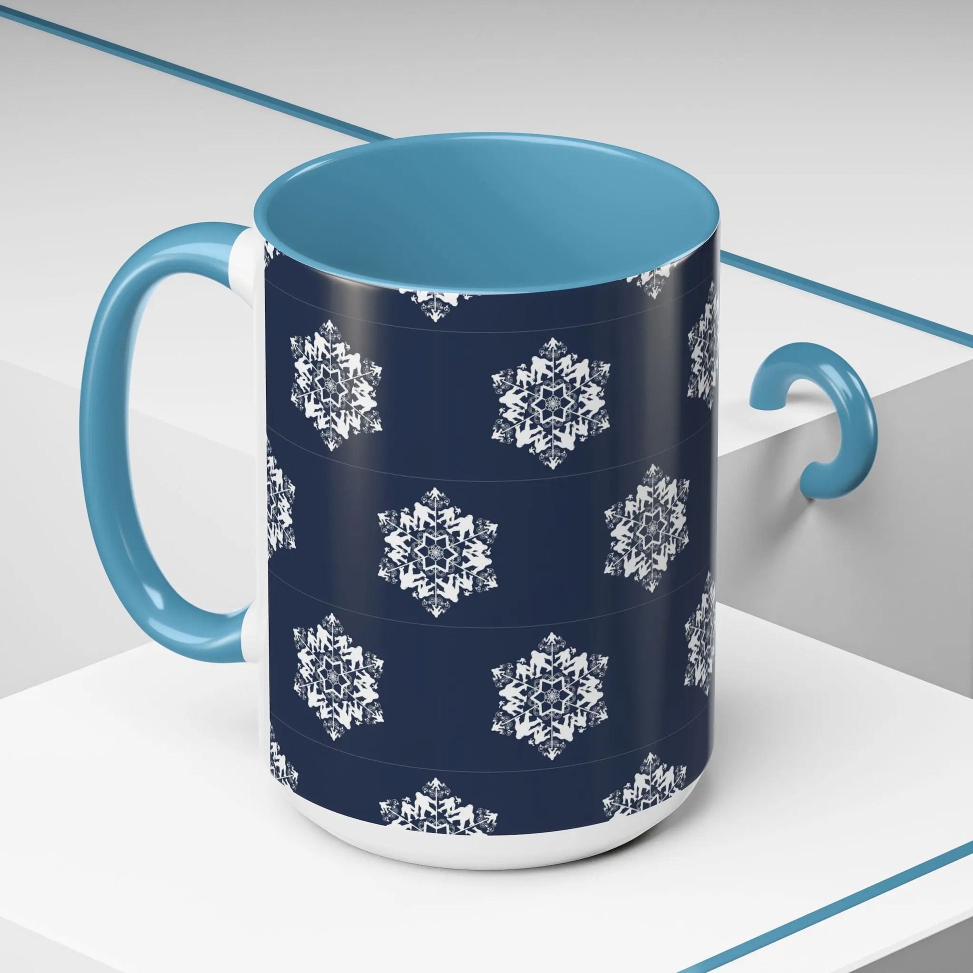 Bigfoot Snowflake Accent Coffee Mug – Navy Holiday Ceramic Cup (11oz/15oz) Printify