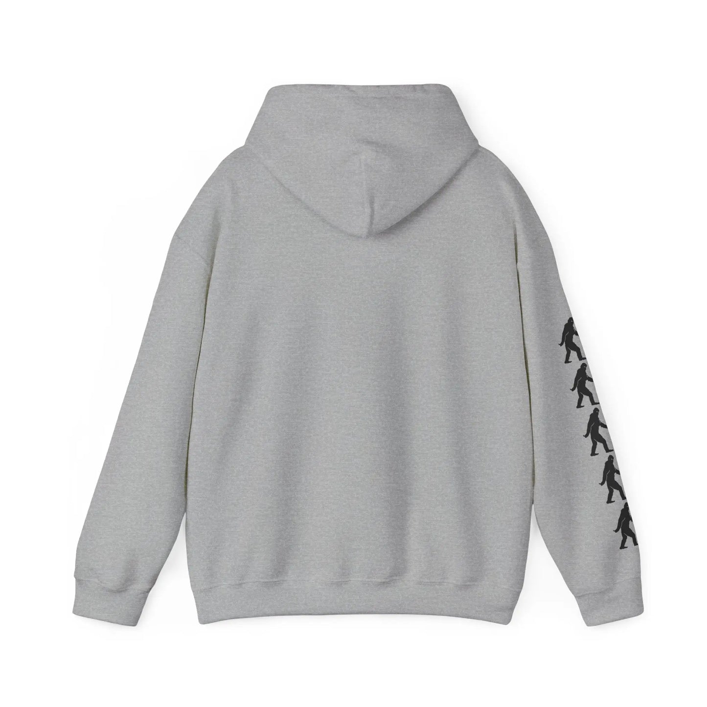 Gray hoodie back with black bigfoot graphics on right sleeve on a white background