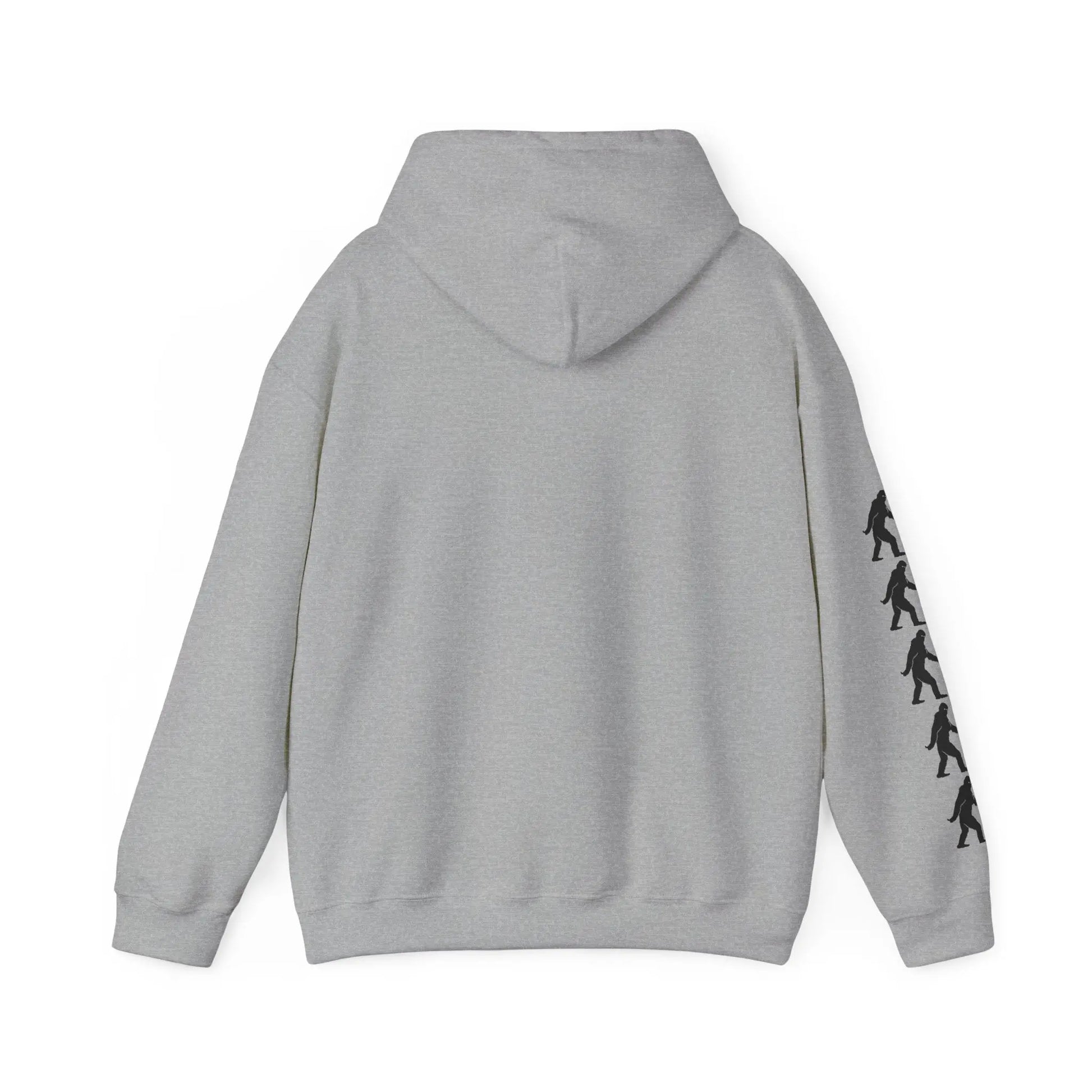 Gray hoodie back with black bigfoot graphics on right sleeve on a white background