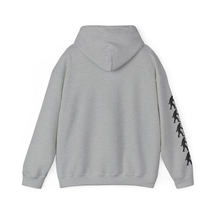 Gray hoodie back with black bigfoot graphics on right sleeve on a white background