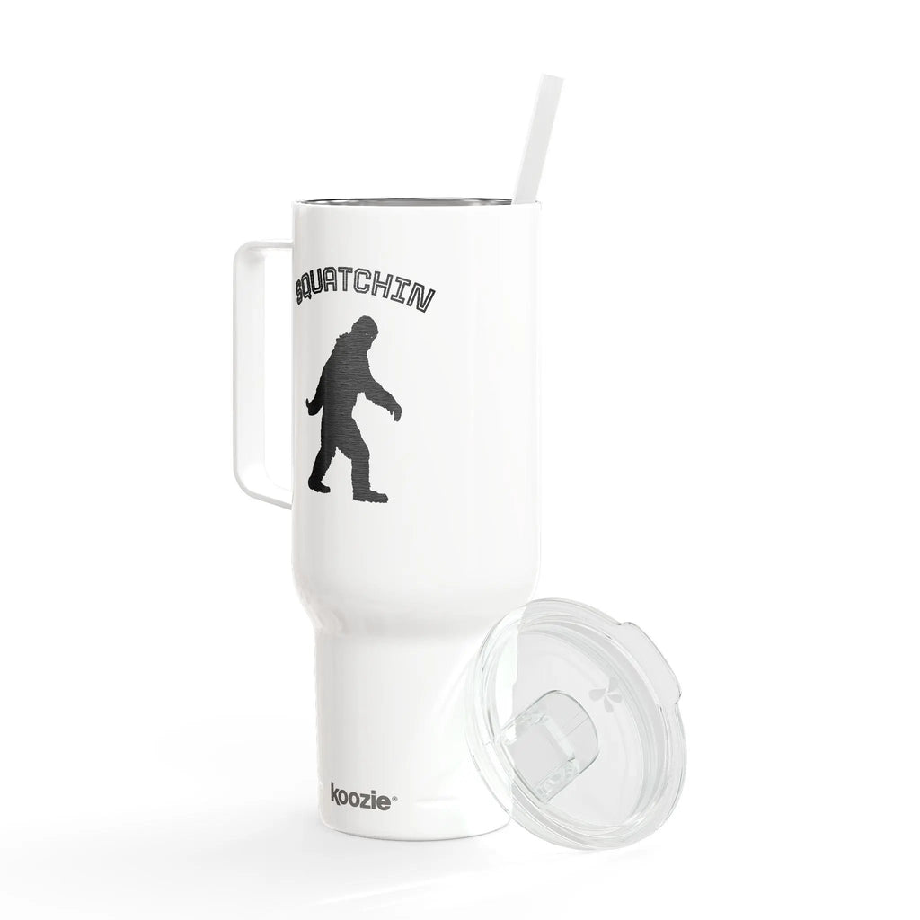 White tumbler with 'Squatchin' design and straw on a white background