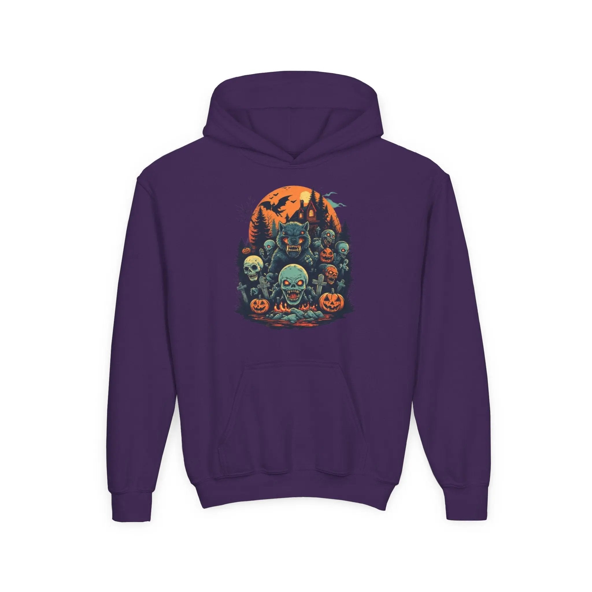 Purple hoodie with a colorful Halloween graphic design of werewolves, zombies, and other cryptids on a white background
